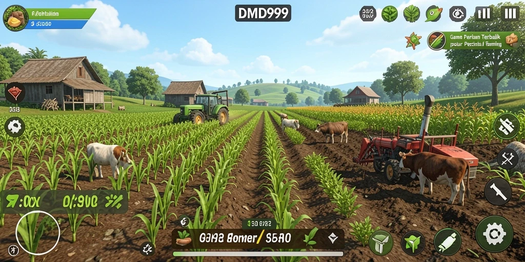 Tangkapan layar gameplay DMD999 dengan aktivitas bertani yang seru.
