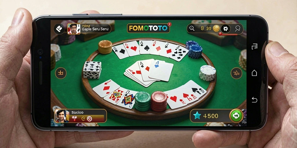 Screenshot gameplay FOMOTOTO menampilkan suasana permainan Gaple yang seru.