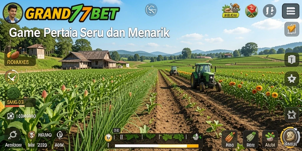 Screenshot menunjukkan petani sedang merawat ladang dengan hiasan alat pertanian.