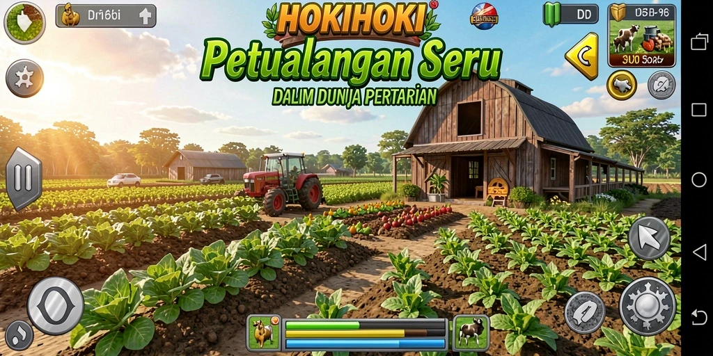 Screenshot gameplay HOKIHOKI menampilkan ladang yang subur dan hewan peliharaan yang bahagia.